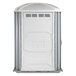 A white and grey PolyJohn portable toilet with a white door and vent.