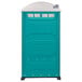 A blue and white PolyJohn portable toilet with a translucent top.