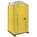 A yellow PolyJohn portable toilet on wheels.