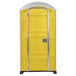 A yellow PolyJohn portable toilet with a door.