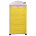 A yellow and white PolyJohn portable toilet.