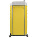 A yellow and white PolyJohn portable restroom on a stand.