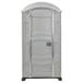 A light gray PolyJohn portable toilet with a white door.