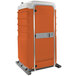 An orange and white PolyJohn portable toilet.