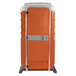 An orange and white PolyJohn portable restroom on wheels.