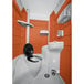 A PolyJohn portable restroom with an orange exterior.
