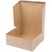 A brown Kraft cardboard bakery box with the lid open.