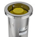 A stainless steel San Jamar cup dispenser with a yellow lid.