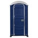 A PolyJohn portable restroom with a dark blue door and silver trim.