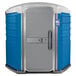 A blue and white PolyJohn wheelchair accessible portable toilet.