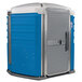 A PolyJohn blue and white wheelchair accessible portable toilet.