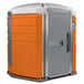 A PolyJohn wheelchair accessible portable restroom with a white door and orange walls.