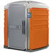 A PolyJohn wheelchair accessible portable toilet with a gray and orange door.