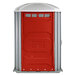 A red and grey PolyJohn wheelchair accessible portable toilet.