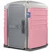 A PolyJohn pink and grey wheelchair accessible portable toilet.