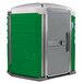 A green and grey PolyJohn wheelchair accessible portable restroom with a green door.