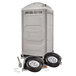 A white PolyJohn portable restroom trailer with wheels.