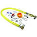A yellow T&S gas hose with a metal swivel connector and installation tools.
