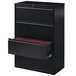 A black Hirsh Industries lateral file cabinet with two open drawers.