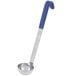 A silver Vollrath ladle with a blue Kool-Touch handle.