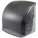 A black PolyJohn paper towel dispenser with a clear cover.