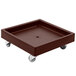 A dark brown square plastic dolly with wheels.