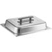 A silver rectangular Choice stainless steel chafer cover with a black handle.