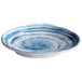An Elite Global Solutions oval melamine plate in blue and white with a swirl design.
