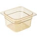 A Cambro amber rectangular plastic food pan with a lid.