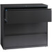 A charcoal Hirsh Industries three-drawer lateral file cabinet.