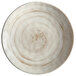 A white Elite Global Solutions round melamine plate with a taupe spiral pattern.