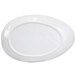 An oval taupe melamine plate with a white background.