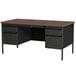A black double pedestal desk with drawers on a white background.