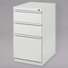 A white Hirsh Industries mobile pedestal file cabinet with drawers.