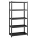 A gray metal Hirsh Industries boltless shelving unit with laminated decking and four shelves.