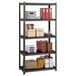 A gray Hirsh Industries boltless shelving unit with boxes and folders on the shelves.