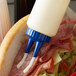 A sandwich with a clear squeeze bottle with a blue cap on it.