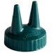 A green plastic Vollrath Traex Vista Twin Tip bottle cap with two pointy tips.