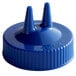 A blue plastic Vollrath Twin Tip wide mouth bottle cap with two pointy tops.