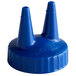 A blue plastic Vollrath Twin Tip bottle cap with two pointy tops.