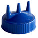 A blue plastic Vollrath Tri Tip bottle cap with three wide spikes.