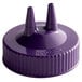A purple plastic Vollrath Twin Tip wide mouth bottle cap with two pointy tips.
