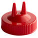 A red plastic Vollrath Twin Tip wide mouth bottle cap with two pointy tops.