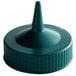 A green plastic cap with a wide hole and a small tip.