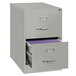 A gray Hirsh Industries two-drawer legal file cabinet with a drawer open.
