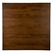 A brown square wood table top with a dark finish.