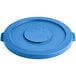 A blue plastic Lavex 32 gallon round trash can lid with a handle.