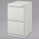 A white Hirsh Industries mobile pedestal letter file cabinet with two drawers.