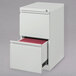 A white Hirsh Industries mobile pedestal letter file cabinet with two drawers.