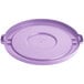 A Lavex purple plastic lid for a round commercial trash can with a handle.